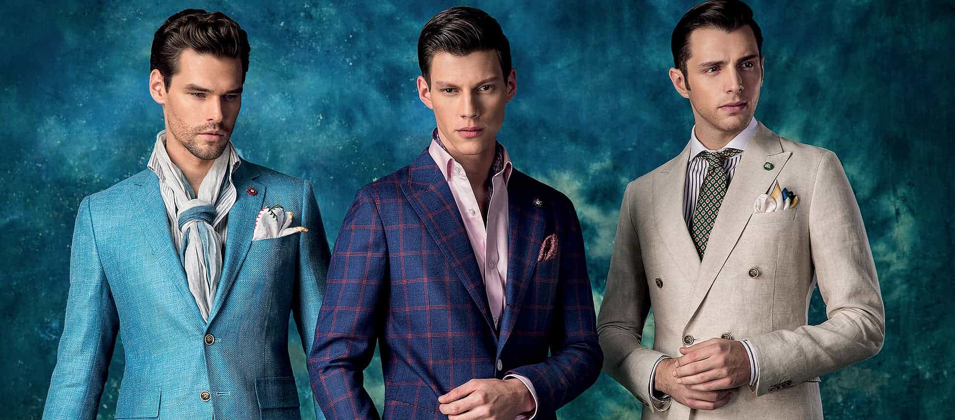 three men wearing colourful custom bespoke suits