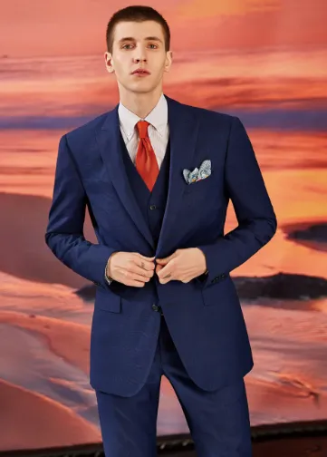 AI fashion silhouette design  Double breasted suit dark red with Chambray  Modern 20's bright blue shirt and red bow tie with a Elegant baggie denim  pants 20's Italian gangster modern style