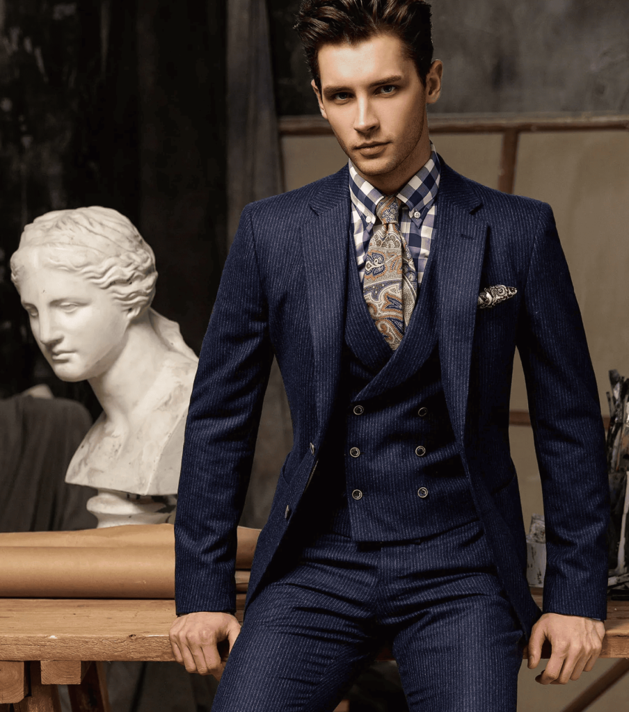 A model wearing a tailored three-piece blue pinstripe suit featuring a bespoke double-breasted waistcoat, paired with a checkered shirt and paisley tie. The waistcoat adds refined structure and elegance, exemplifying expert craftsmanship and timeless menswear style.
