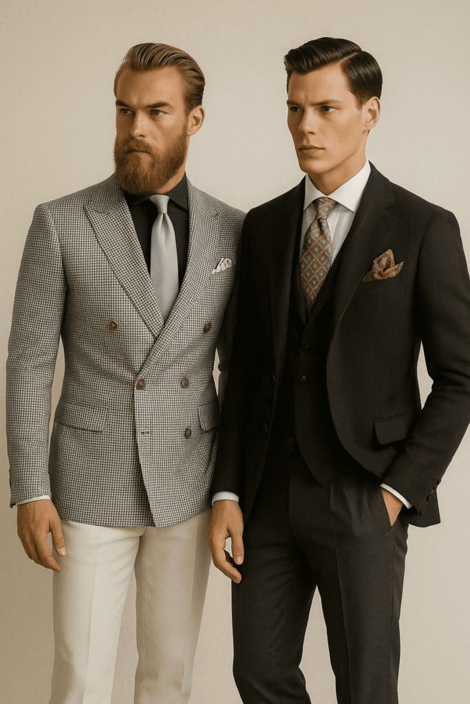 A man in a checkered sports jacket stands beside another in a dark striped blazer, both showcasing tailored fashion styles.