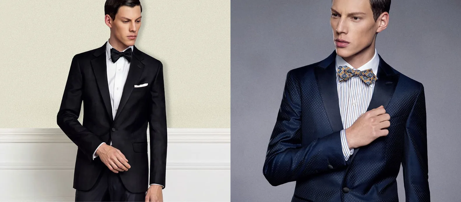 Selection of formal dinner suits showing black and midnight-blue options