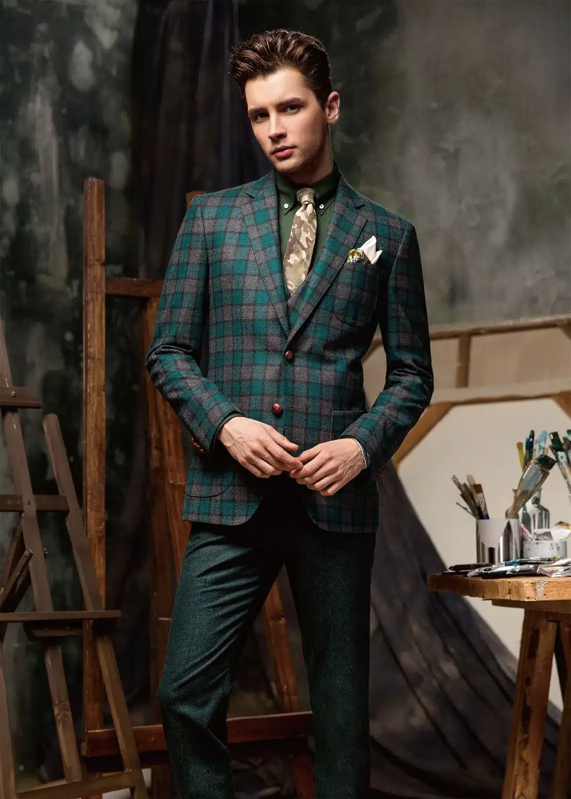 Green check sports jacket with an olive shirt and camouflage tie, by Germanicos